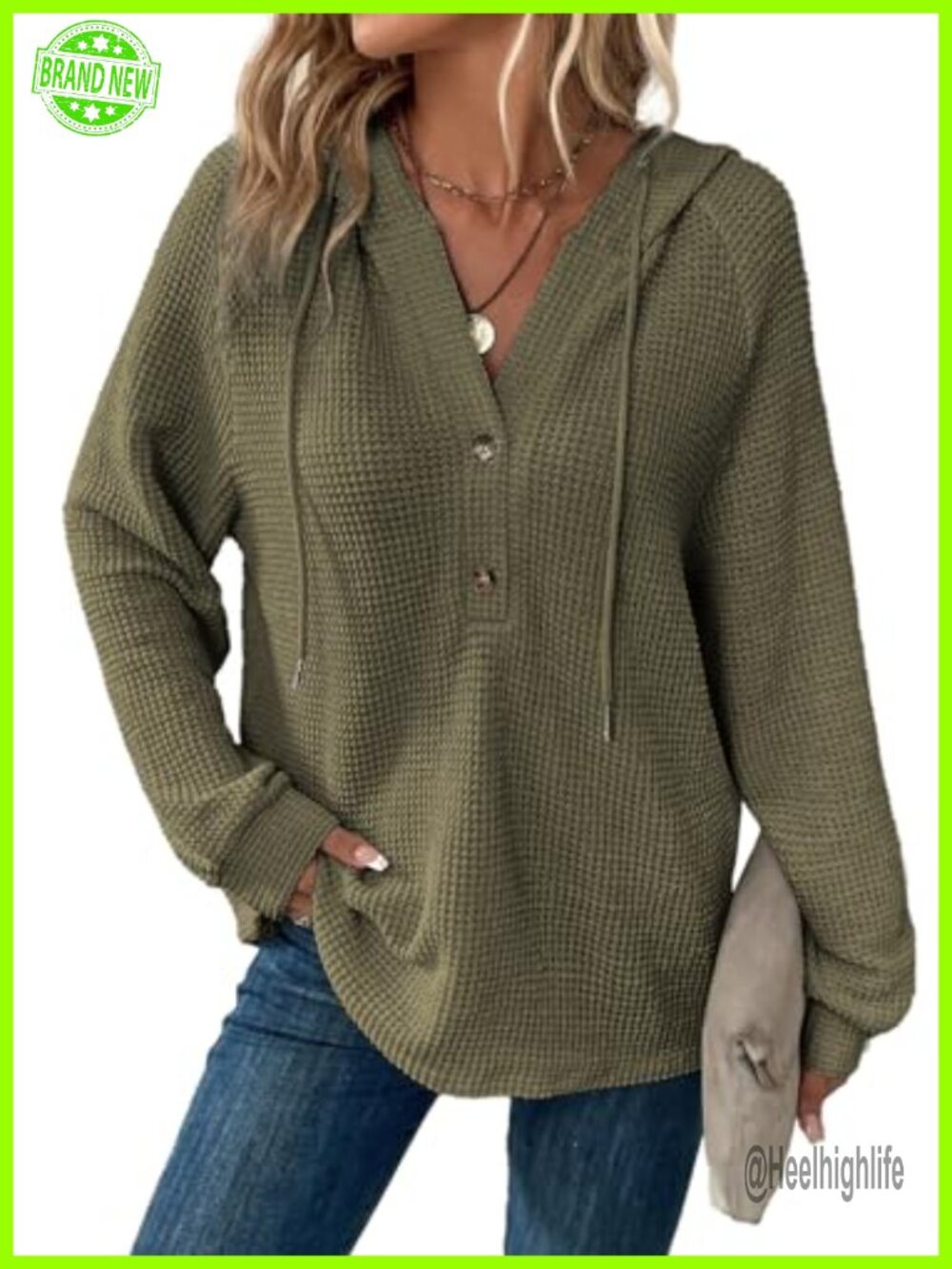 Waffle Knit Button V Neck Hooded Sweatshirt Oversized Pullover